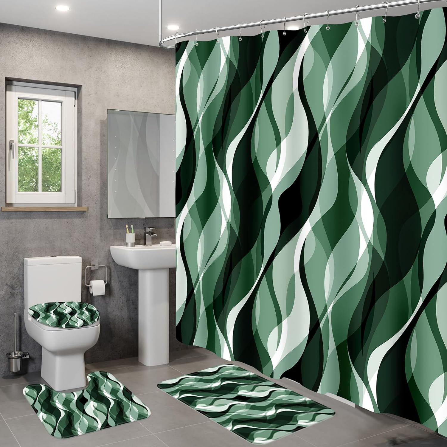 4PCS Navy Blue Bathroom Sets with Shower Curtain and Rugs, Abstract Striped Shower Curtain Sets with Rugs, Modern Luxury Bathroom Curtains Shower Set Accessories