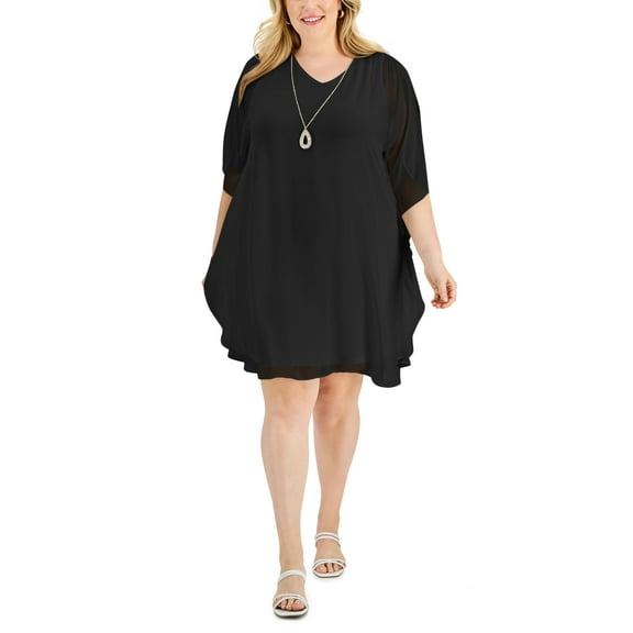 JM Collection Plus Size Flutter Sleeve Necklace Dress Deep Black 0X