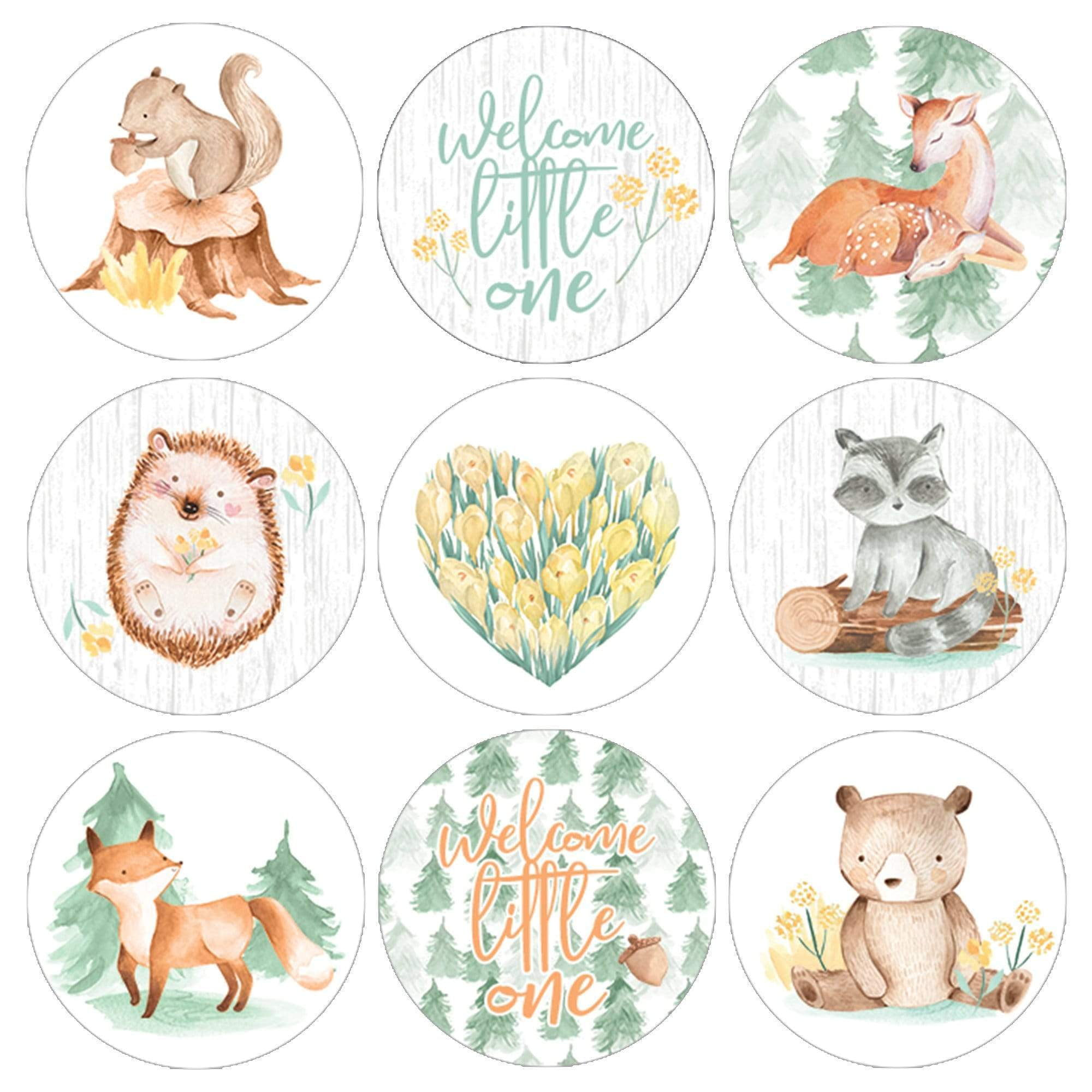 Watercolor Woodland Baby Shower Favor Stickers - 180 Count - Mint and Yellow - Distinctivs