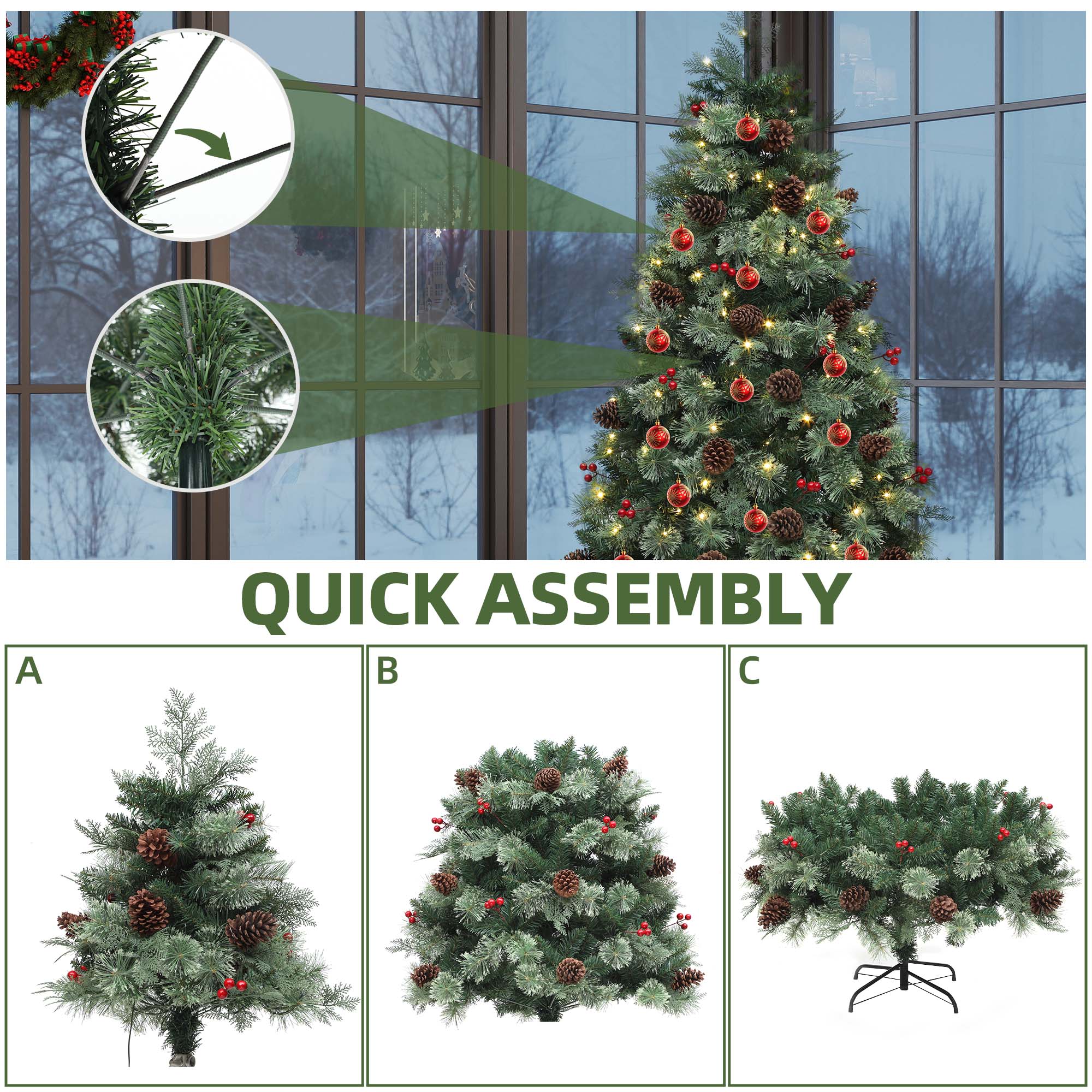 Uforic 7.5 ft Prelit Artificial Carolina Pine Christmas Tree with 1200 Tips & 400 Lights, Remote Control, Green