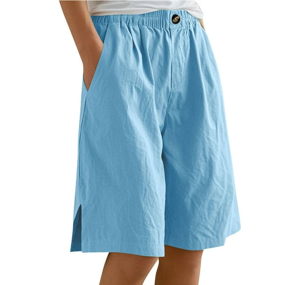 RYRJJ Womens Summer Cotton Linen Bermuda Shorts Elastic High Waist Wide Leg Shorts Loose Knee Length Shorts Side Split Casual Beach Shorts(Blue,XL)