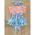 thumbnail image 3 of Toddler Girl Summer Outfits Solid Color Rib Fly Sleeve T-Shirts Fish Scale Print Suspender Shorts Headband Set, 3 of 7