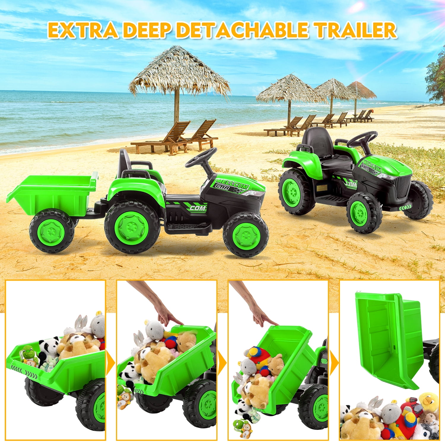 HOMMOW Kids Ride on Tractor with Remote Control, 12V Battery Powered Electric Tractor with 30W Dual Motors/Cool Lights/Bluetooth Music for Kids, Green