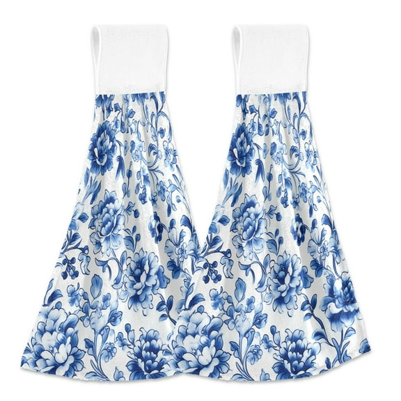 2 Pcs Kitchen Hand Towels with Hanging Loops Absorbent Soft Fast Drying Decor Bath Towels Blue and White Porcelain Floral