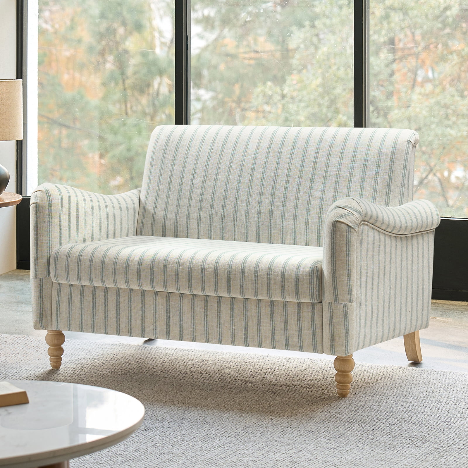 Tina's Home 50" Farmhouse Loveseat Sofa, Stripe Blue Upholstered Couch with Wide Seat, Sloped Arms and Solid Wood Bobbin Legs