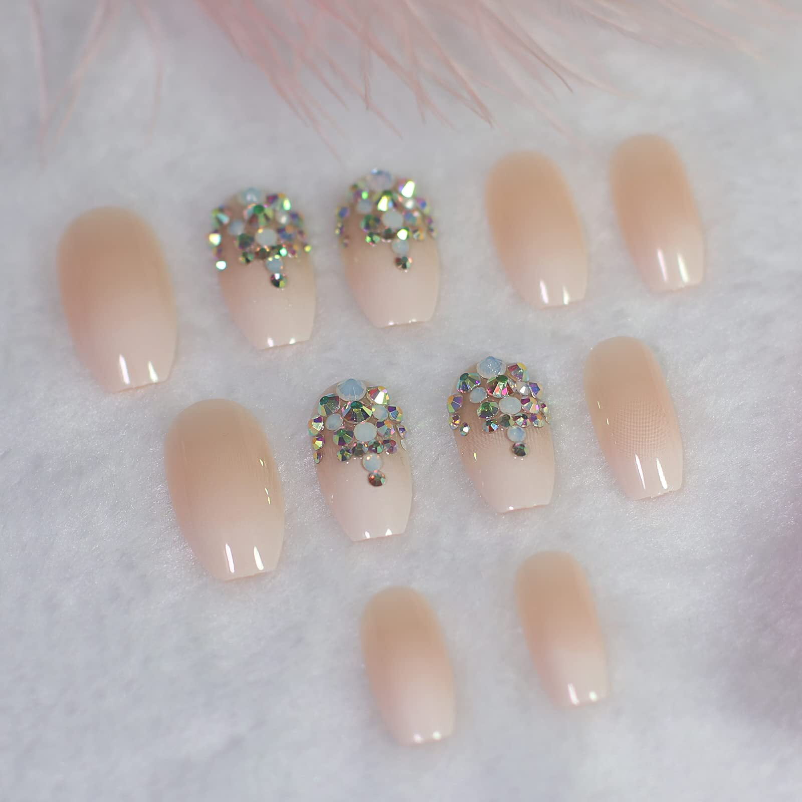 Nude Ombre White French 3D Crystal Press On Nails, Long Coffin Rhinestones Fake Nails Set