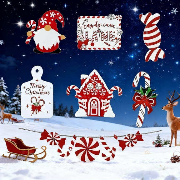 Christmas Candy Themed Decor Set, Gnome & Gingerbread House Ornaments for Tree, Home, Gift Wrapping