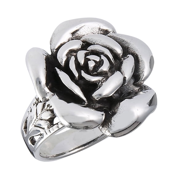 Large Oxidized Rose Flower Ring Sterling Silver Filigree Leaf Band 925 Jewelry Female Male Size 8