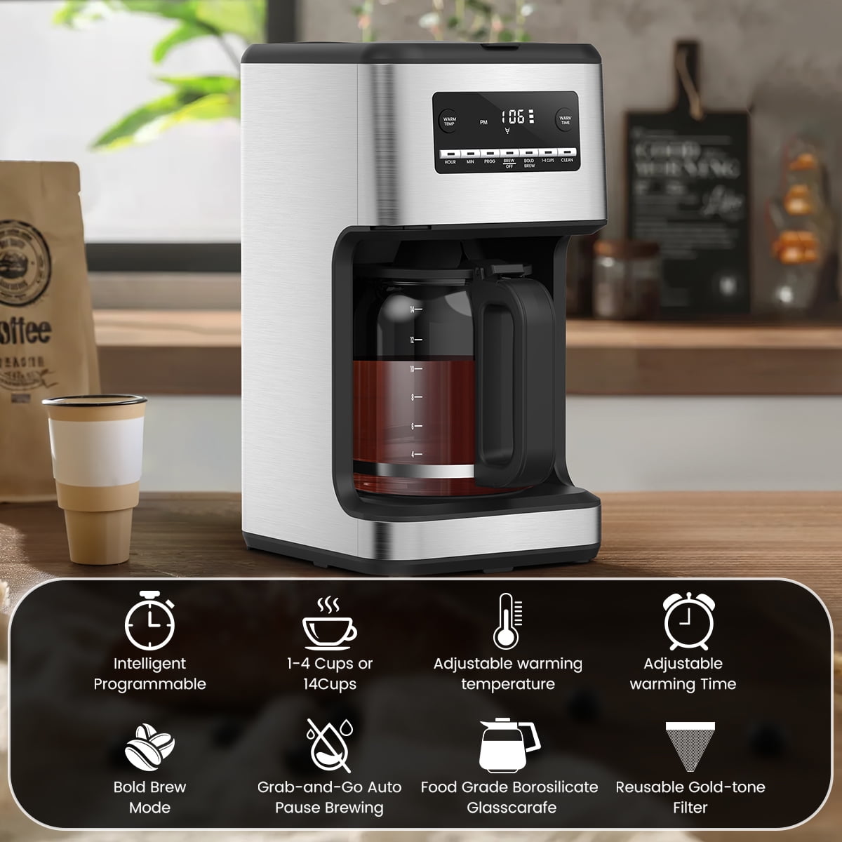 KNDKO 14-Cup Programmable Coffee Maker with 24H Scheduling, Self-Clean for Home/Office