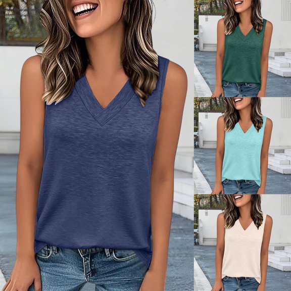 Lkhaha Women's V Neck Sleeveless Tank Top Casual Loose Fit Summer Cotton Blend Blouse Blue L