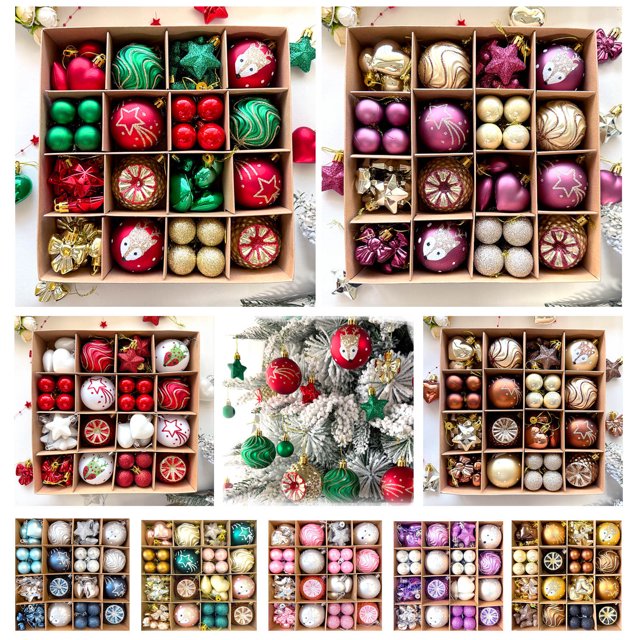 Bola Decorativa Juego de 64 adornos navideños para árbol con lazos, ciervos y corazones para decoración navideña. Rkxzt
