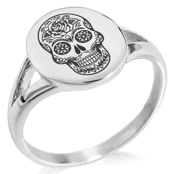 Tioneer Stainless Steel Day of the Dead Sugar Skull Minimalist Oval Top Polished Statement Signet Ring