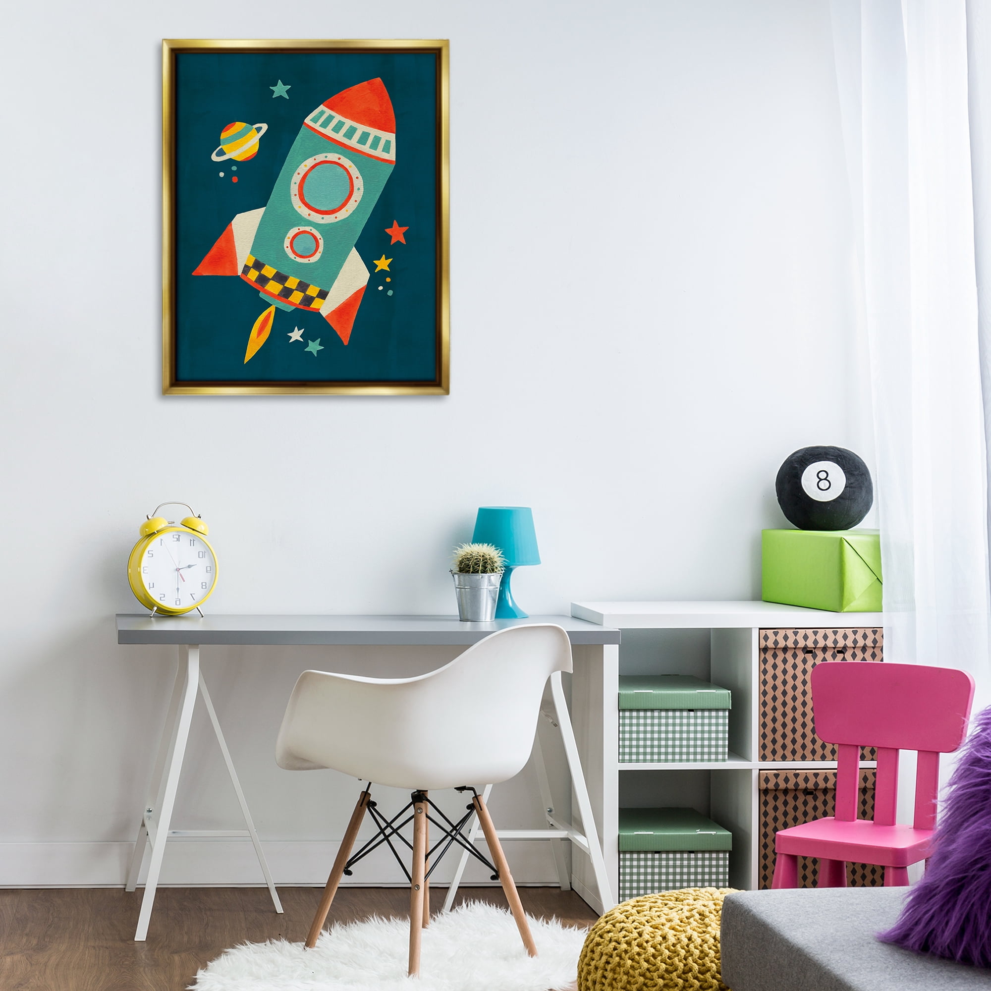 Stupell Industries Rocket Ship in Space Transportation Painting Gold Floater Framed Canvas Art Print Wall Art, 25 x 31