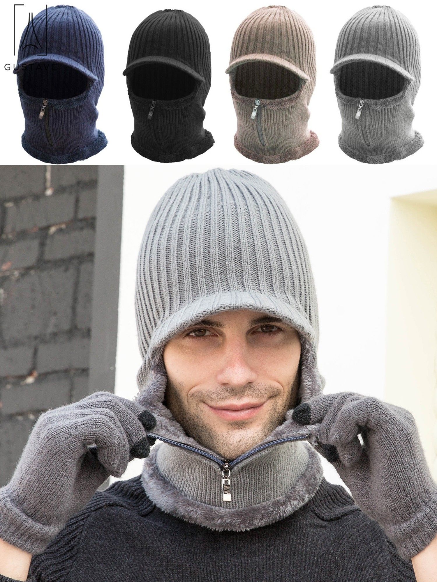 Gustave 2 In 1 Men Winter Warm Balaclava Beanie Hat with Fleece Lining Zipper Neck Scarf Warmer Ear Protector Knitting Stripes Hat and Scarf Conjoined Set "Gray" - image 1 of 9