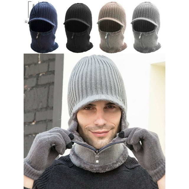 Gustave 2 In 1 Men Winter Warm Balaclava Beanie Hat with Fleece Lining Zipper Neck Scarf Warmer Ear Protector Knitting Stripes Hat and Scarf Conjoined Set "Gray"