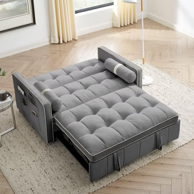 Canapé-lit en Velours – Gris Convertible avec Poches de Rangement, Coussins d'Accent et Design Capitonné