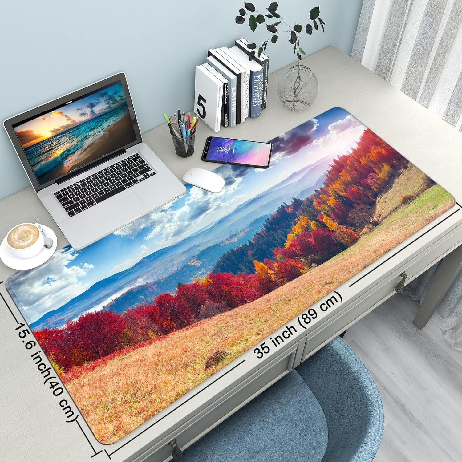 Desk Mat,Large Mouse Pad 35''×15.6''×0.12'' XXL Extended Gaming Mouse Pad Mat with Non-Slip Base Stitched Eges Mousepad for Computer,Office,Keyboard and Laptop - Autumn Forest