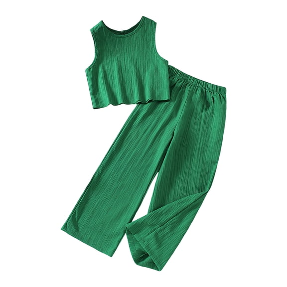 Nwiuh Girls Clothing Set Casual Clothes Sleeveless Back Tank Crop Top and Wide Leg Pants with Pocket Outfits Green for Size 11-12 Years