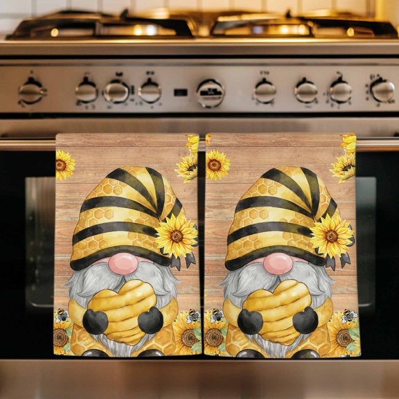 Sunflower Gnomes Kitchen Towels Set of 4, Summer Botanical Bee Yellow Vintage Absorbent Dish Towels for Kitchen, Microfiber Hand Towel, Quick Drying Tea Towel for Cleaning Decorative Dishcloths