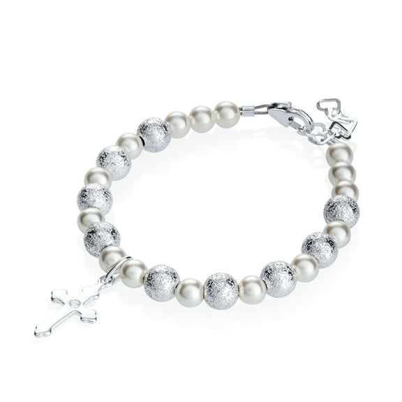 Christening Sterling Silver Engraved Cross Charm with White European Simulated Pearls and Pave Beads Keepsake Girl Bracelet (BSHWC)