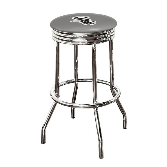 Bar Stool 29" Tall Backless Chrome Metal with Swivel Seat Cushion Featuring Your Favorite Baseball Team Logo on Colored Vinyl (White Sox on Gray)