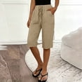 thumbnail image 4 of RYRJJ Linen Bermuda Shorts for Women Knee Length Summer Casual Elastic Waisted Shorts Side Lace Boho Bech Shorts with Pockets(Khaki,XL), 4 of 9