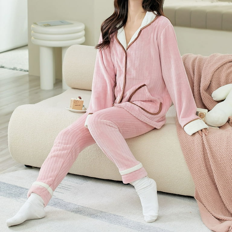 AherBiu Womens Warm Fleece Pajamas Set Soft Long Sleeve Button down Coats  Pajama Pants 2 Piece Outfits Loungewear