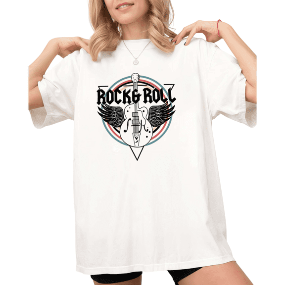 UNISHE Women's Vintage Rock N Roll Guitar Art Print Short Sleeve T-Shirt White Casual Crewneck S-5XL Top