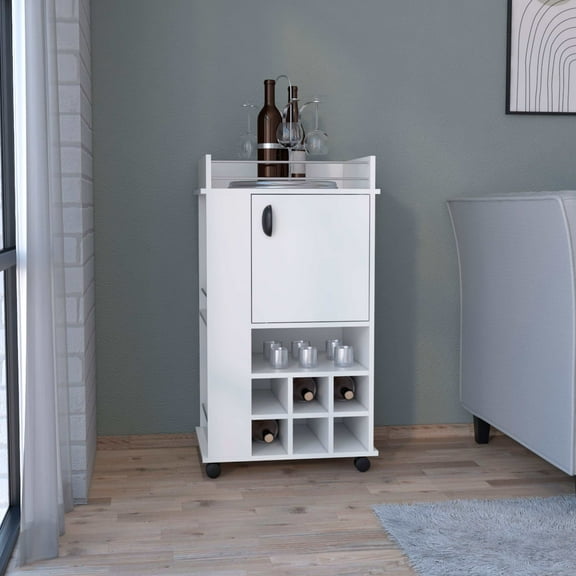 Kitchen Islands Bar Cart with 6 Built-in Wine Rack and Casters, White,Kitchen Carts