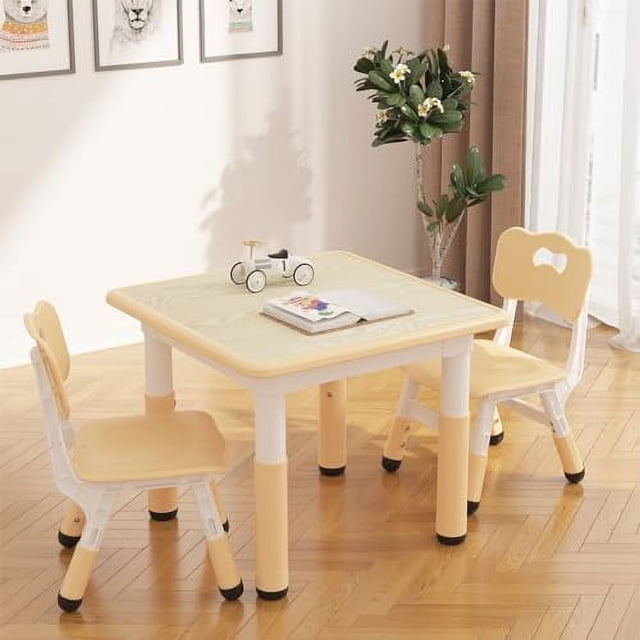 Kids Table and 4 Chairs Set with Graffiti Desktop, Height Adjustable Toddler Table and Chairs Set, Children Play Table for Reading, Drawing, Playing, Eating, Burlywood