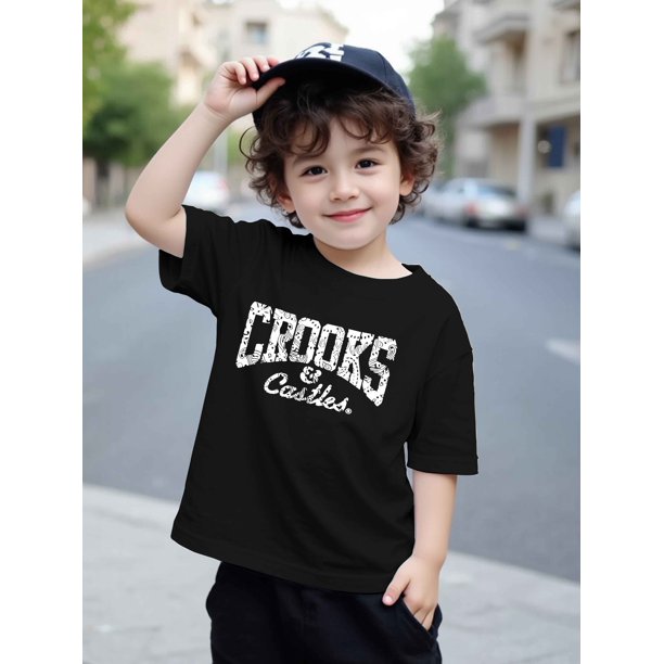Cotton Short Sleeve Crew Neck Casual Round Neck Tops for Boys, Summer, Crooks Castles Alphabet Printed, Medium Stretch Regular Fit Knit Fabric 180g/m2, for Children