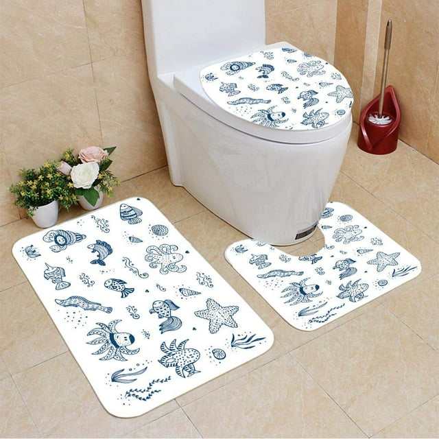 ABPHQTO Doodle Dibujado Mano Con Lindo Mar Con Varios Peces Pulpo Cangrejo Juego de alfombras de baño de 3 piezas Alfombra de baño Alfombra de contorno y tapa de inodoro ABPHQTO Cont-CHAPPLE-28602