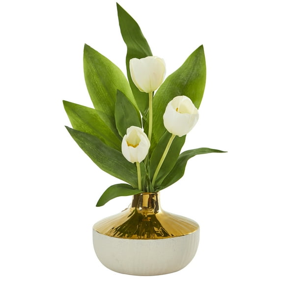 Nearly Natural 18in. Tulip Artificial Arrangement in Gold and Cream Elegant Vase