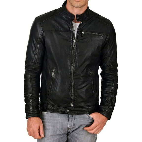 Men Leather Jacket Slim Fit Biker Motorcycle Genuine Lambskin Jacket A119