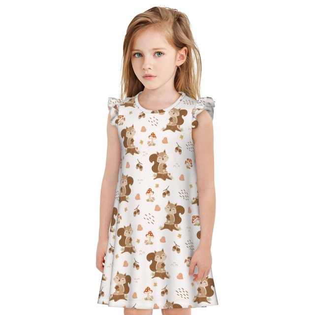 Fotbe Fall Squirrel Vestido de Dormir para Niñas de 3 a 10 Años, Mangas Cortas, Estilo Princesa, Pijama Camisón con Mangas Voladas-Medium