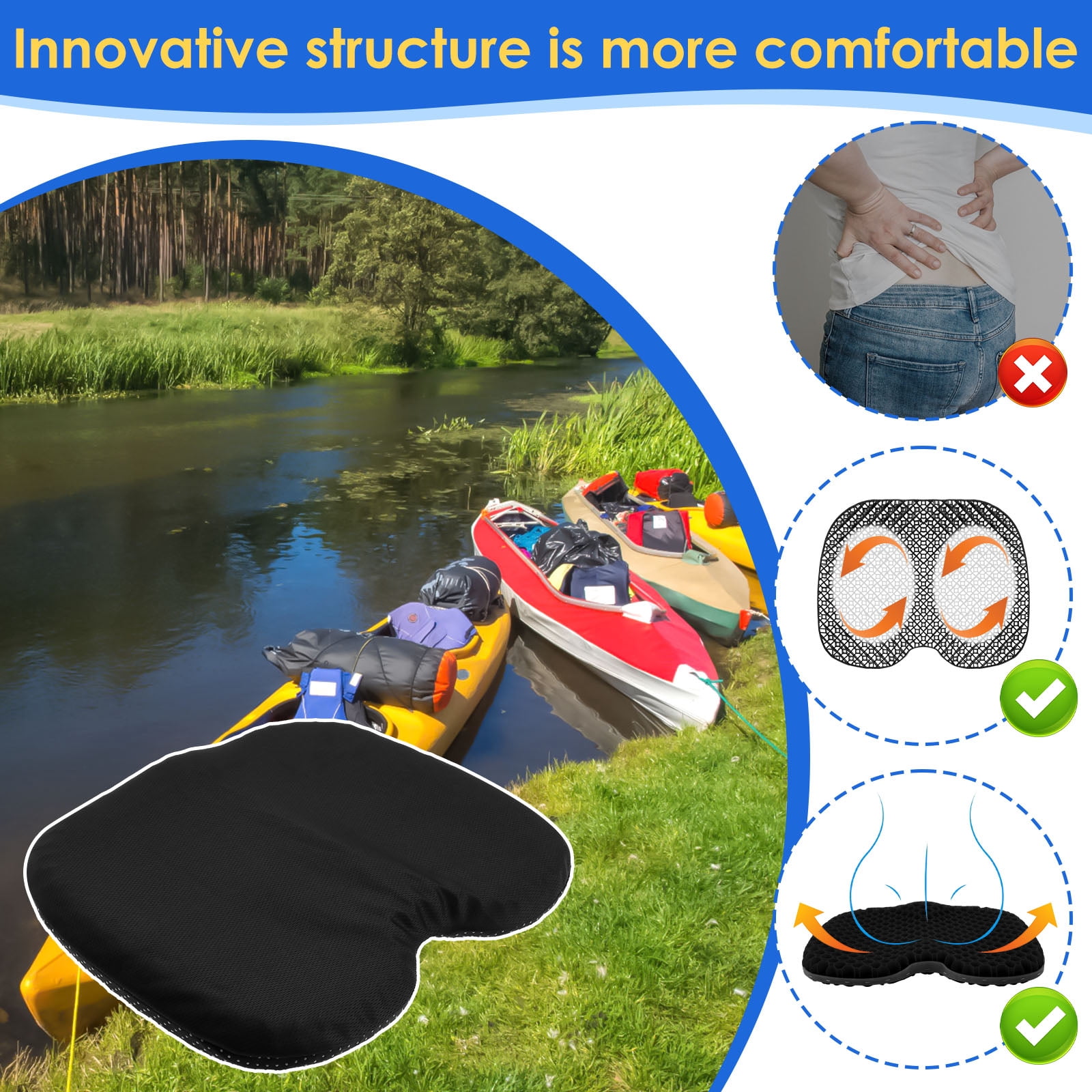 Kayak Gel Seat Cushion Nonslip Inflatable Boat Seat Pad Waterproof Breathable Canoe Cushion for Home Office Travel