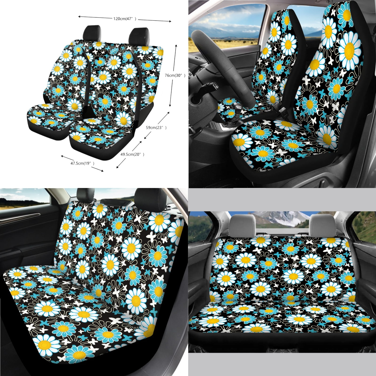 Yuyamidu Blue Daisy Car Seat Covers Full Set Women Steering Wheel Cover Safe Belt Pads Handbrake Cover Set Coasters Garbage Container Rear View Mirror Cover Car Center Console Cover, 14 Pack