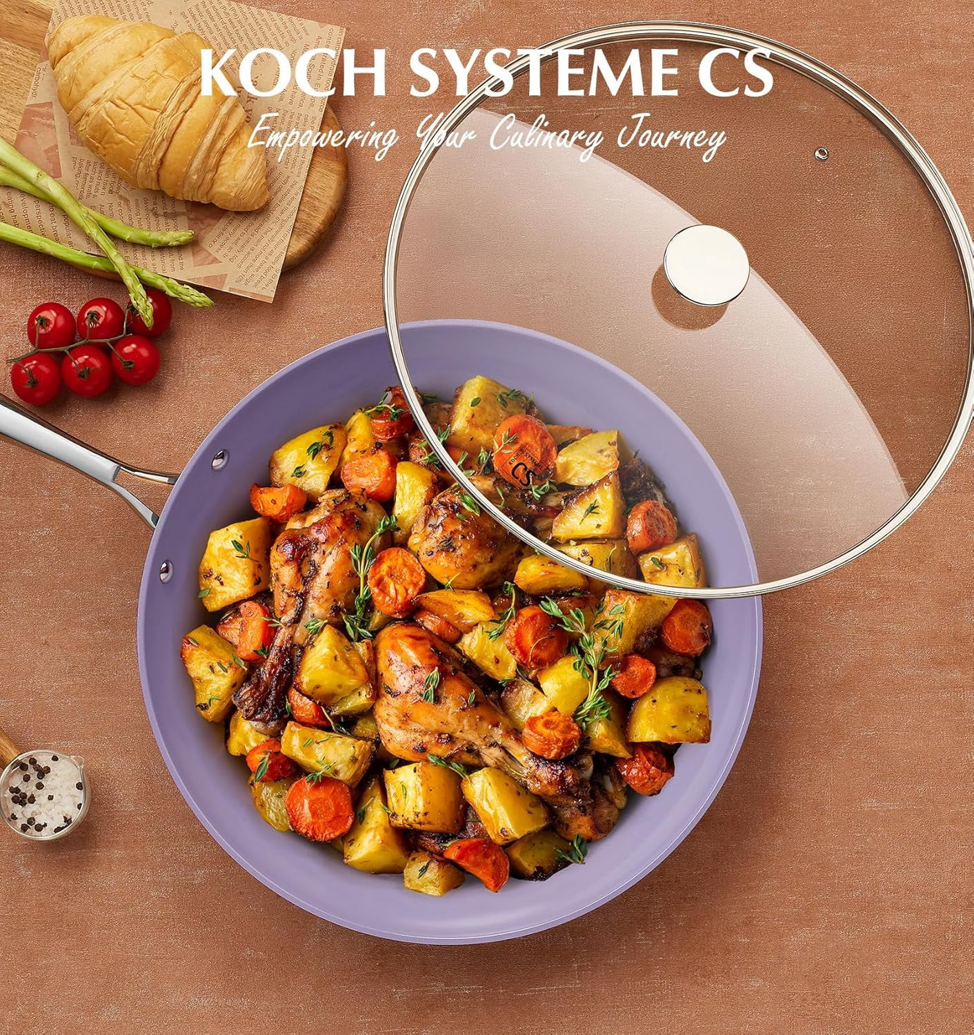 Koch Systeme CS 14 inch Nonstick Frying Pan with Lid, Skillet with Ceramic Coating, Suitable for All Stoves, Gradient Purple