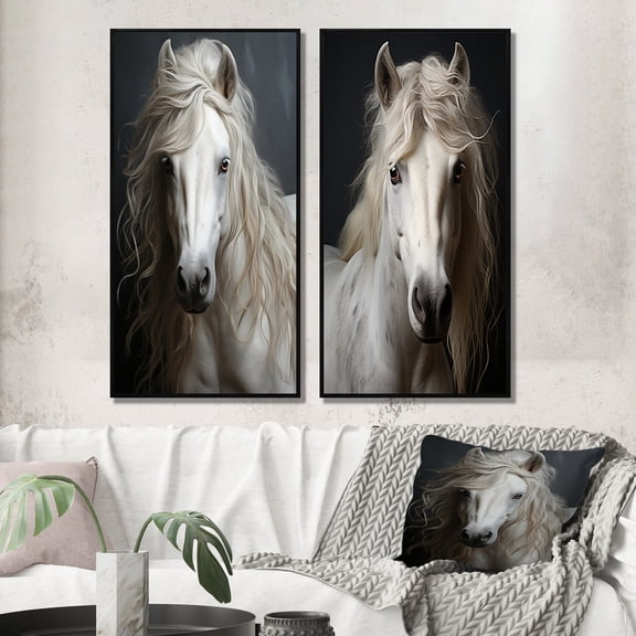 Designart "White Horse Subtle " Horse Framed Wall Art Set Of 2 - White Animals Framed Canvas Set For Living Room Decor