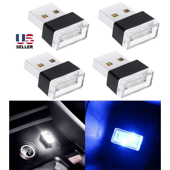 4Pcs Blue Universal Mini USB LED Car Interior Ambient Atmosphere Lights for Car Interior Trunk Ambient Atmosphere