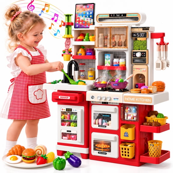 WonderStone 66 PCS Kids Kitchen Playset with Learning Tablet, Realistic Cooking Sounds & Lights, Play Food & DIY Play Dough, Pretend Cooking Toys for Ages 4–8, Red