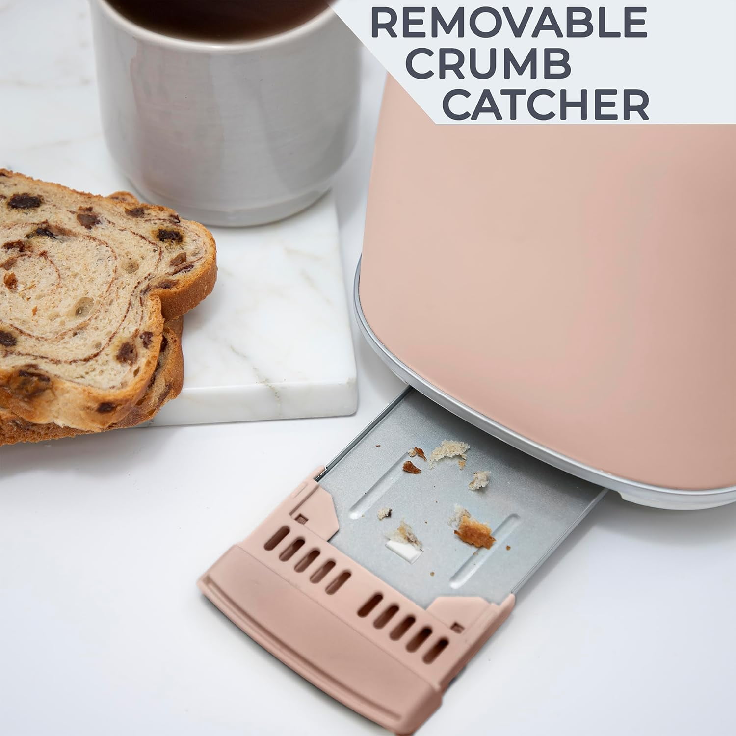 COOK WITH COLOR Retro Rounded 2 Slice Toaster, Stainless Steel Toaster with Wide Slots and 6 Browning Levels, Blush