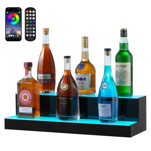 VEVOR LED Lighted Liquor Bottle Display, 2 Tiers 24 Inch Commercial Illuminated Home Bar Shelf, 2 Steps Whiskey Rack Stand, Acrylic Drink Shelves with RF Remote & App Control,and Multicolor lighting