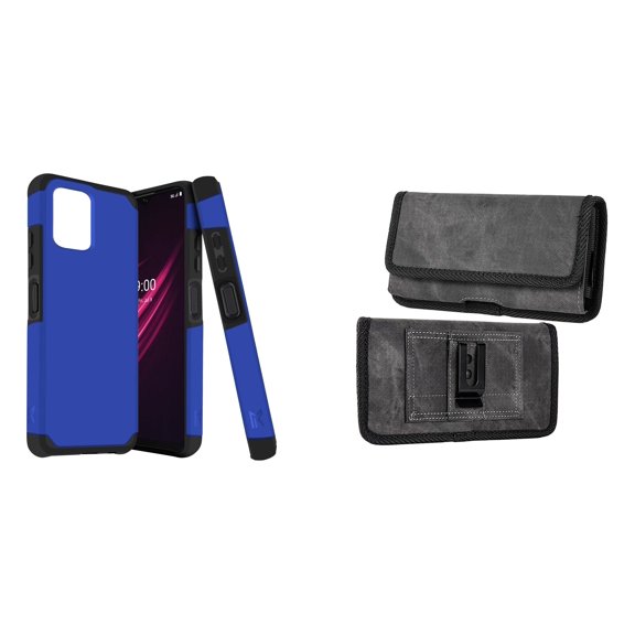 Case and Pouch Bundle for REVVL 6 5G: Dual Layer Slim Case (Classic Blue) and Rugged Denim Nylon Belt Holster (Grey)