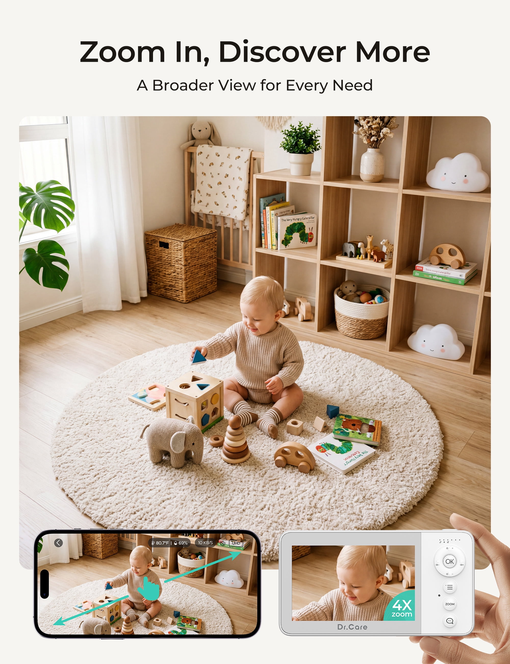 Dr.Care VistaView Lite RB WiFi Baby Monitor – 4" Split Screen, 1080P Camera, App Control, Motion Alerts, Removable Battery