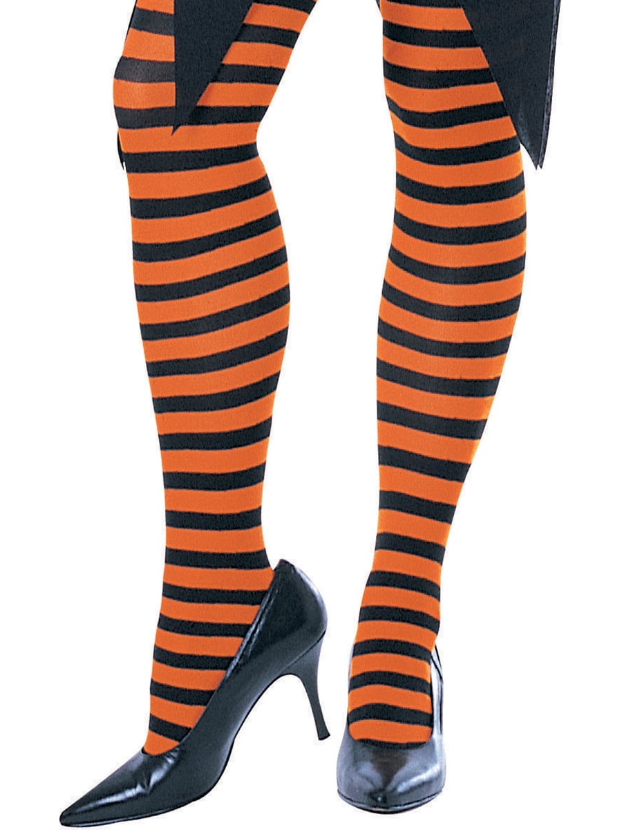 Womens Black and Orange Striped Witch Costume Tights