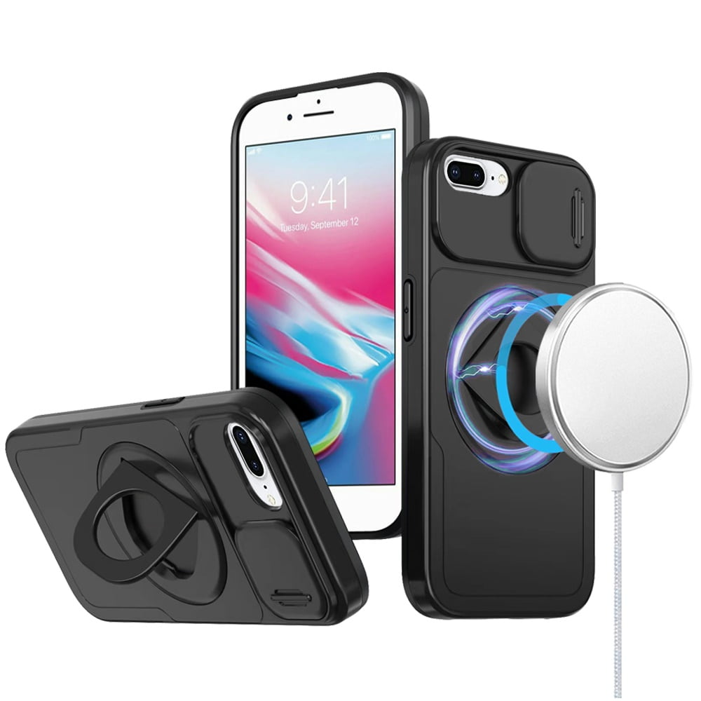 For iPhone 8 Plus/7 Plus Trendy Full Coverage with Camera Window [Magnetic Circle] with Rotational Ring Stand Hybrid Case - Black