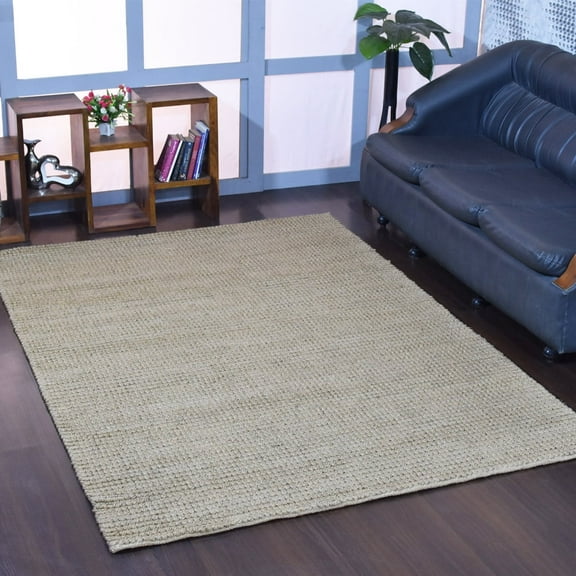 Hand Woven Jute Eco-Friendly Area Rugs - 6'X9', Rectangle Shape, Beige Color, Solid Plain Pattern, High Pile, Natural Fiber, Outdoor Indoor Handmade Area Rugs For Living Room, Bed Room (J00059)