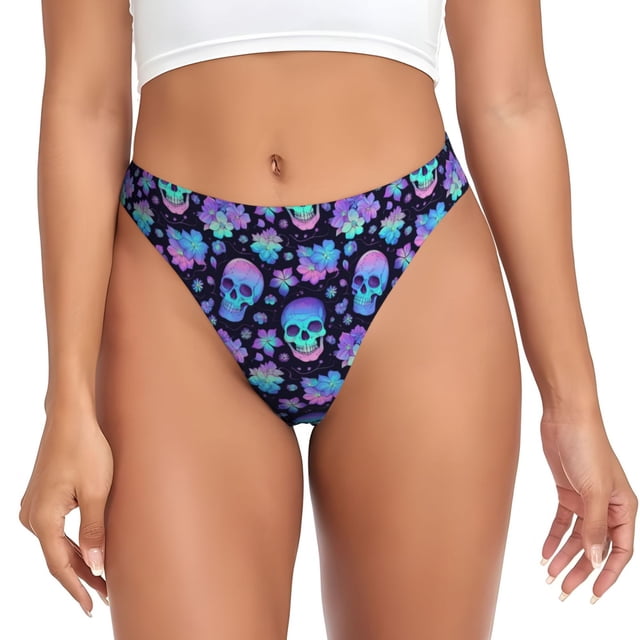 Fotbe Skull flower funny Tanga Sin Costuras para Mujer con Estampado – Panties Invisibles, Transpirables y Cómodos para Uso Diario-Small