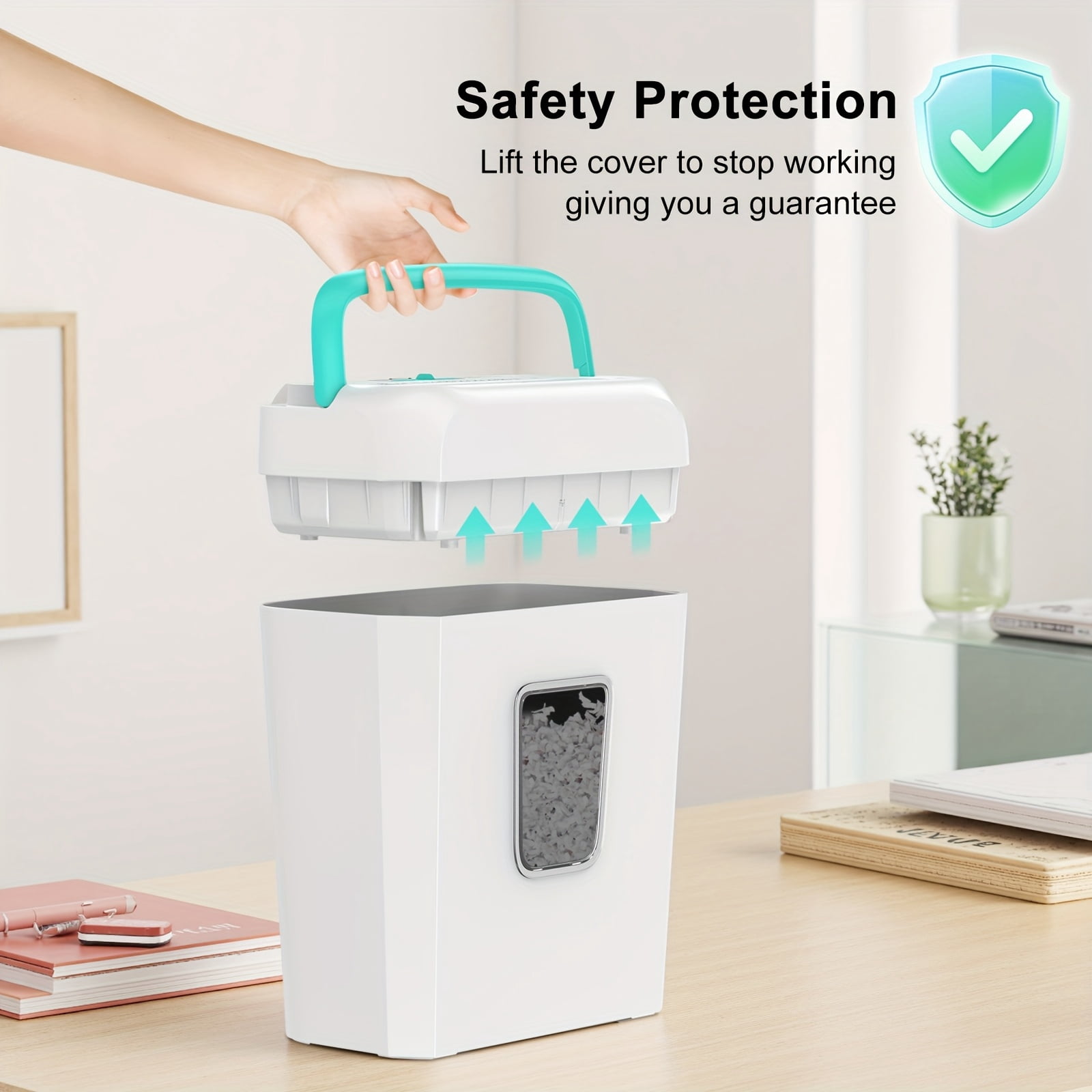 Manual Cross-Cut Paper Shredder for Home Office, 6-Sheet Capacity, Shreds Credit Cards, Staples & Clips, 3.4-Gallon Bin, White & Teal Design, 110-130V US Plug